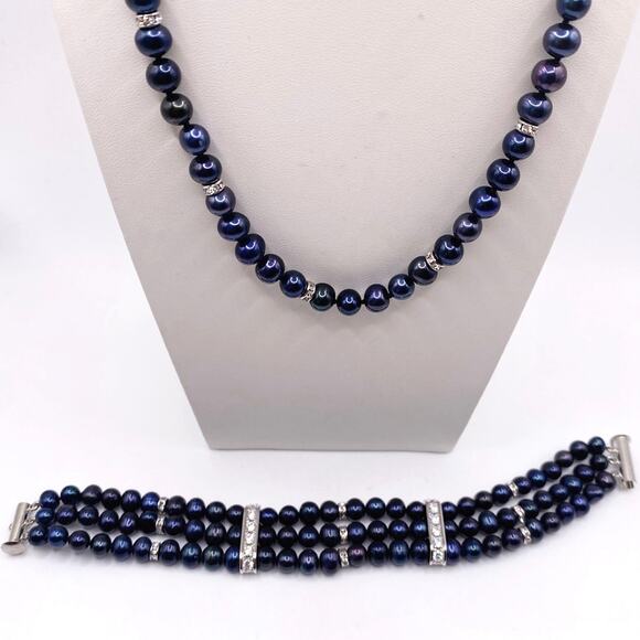 Danbury Mint Midnight Spell Cultured Pearls 925 Silver Set Bracelet and Necklace - Picture 9 of 10